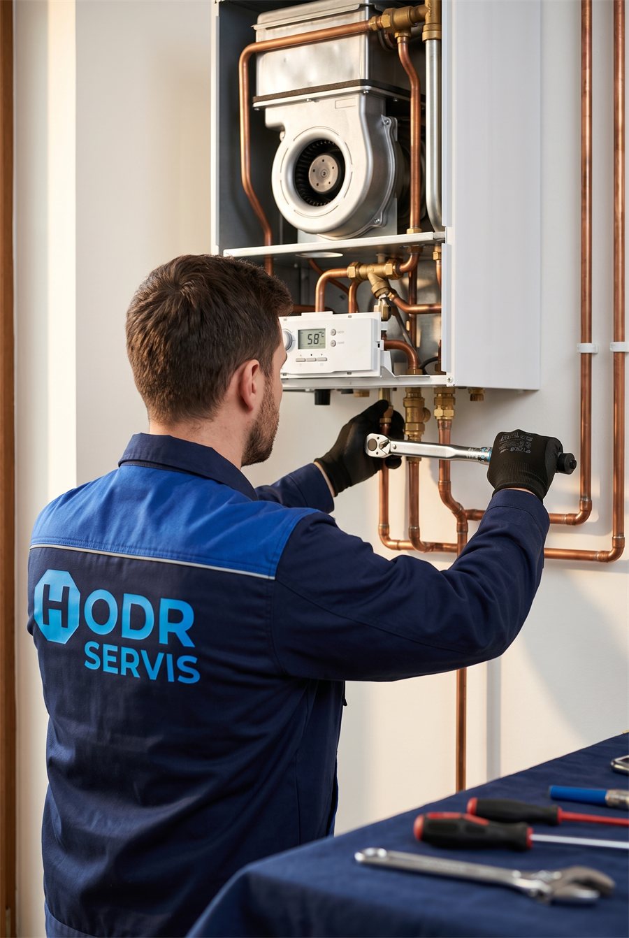 Servisní technik HODR Servis při práci na plynovém kotli